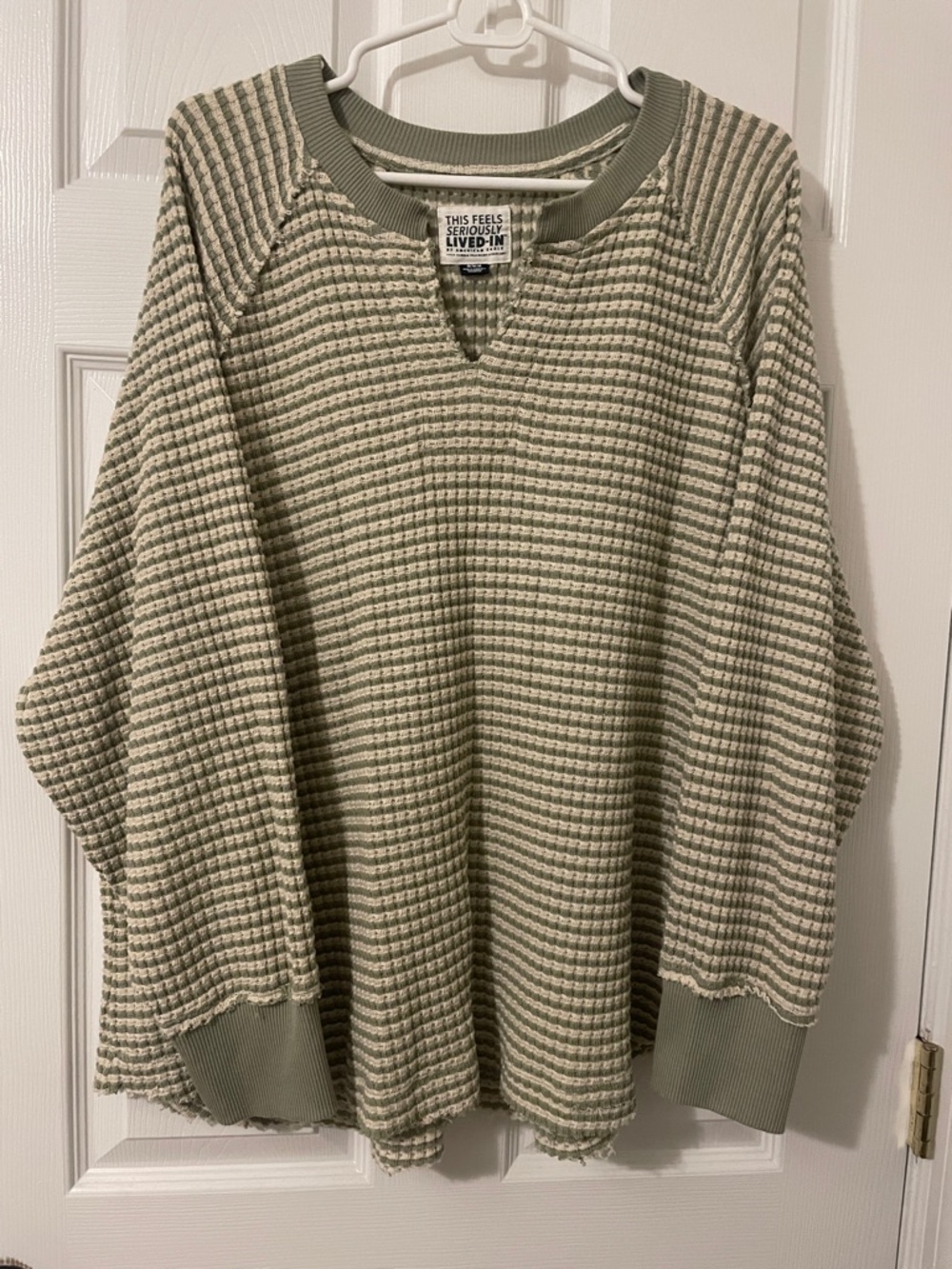 American Eagle Outfitters Sage Green & Cream Waffle Knit Pullover